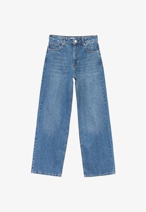 Lichtblauwe wijde jeans gemaakt van denim. Voorzien van een knoop- en ritssluiting, voorzakken en rechte hemden. Gestructureerde stof met vervaagde gebieden.