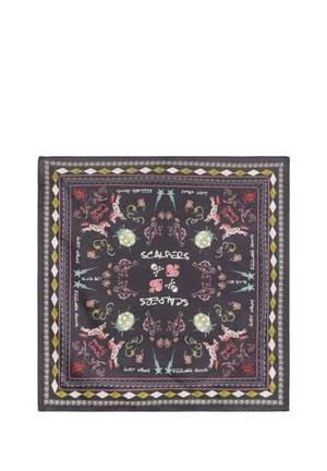 Pañuelo cuadrado negro con garabatos coloridos, calaveras, corazones, estrellas, perros y texto que incluye "Scalpers", "More Love", "Feeling Good" y "Just Urban".