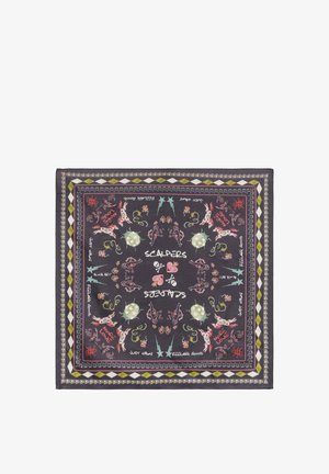 Pañuelo cuadrado negro con garabatos coloridos, calaveras, corazones, estrellas, perros y texto que incluye "Scalpers", "More Love", "Feeling Good" y "Just Urban".