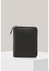 Black leather wallet with a zip closure, rectangular shape, smooth texture, and subtle branding on the front. Features a shiny silver zipper.