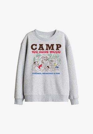 Grauer Sweatshirt mit dem Text "CAMP 100 ACRE WOOD" und den Cartoonfiguren Winnie Puuh, Tigger, Ferkel, Ferkel (Rabbit) und I-Aah, die zwischen Bäumen sitzen.