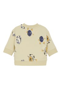 Beige peuter sweatshirt met speelse cartoon donuts in navy, wit en oranje die schoenen en hoeden dragen, sommige houden drankjes vast, verspreid over de stof.