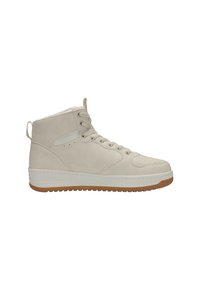 High-top sneakers in light beige suede with a rubber sole, padded collar, and traditional lace-up design. Features subtle side accents.
