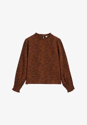 Braune Bluse mit langen Ärmeln, schwarzen abstrakten Tigerstreifen, gerüschten Manschetten und einem kleinen Knopfverschluss am Nacken.