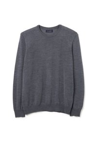 Maglione grigio a maniche lunghe realizzato in tessuto morbido, con scollatura rotonda e polsini e orlo a costine. Senza fantasie né decorazioni.