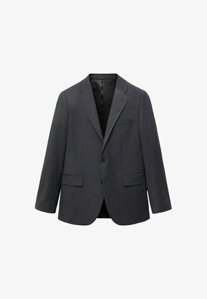 Dark gray single-breasted men's blazer with notch lapels, two front flap pockets, one chest pocket, and black inner lining.