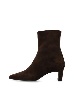 Dark brown suede ankle boot with a pointed toe and a low, slim heel, shown in a side profile on a white background.