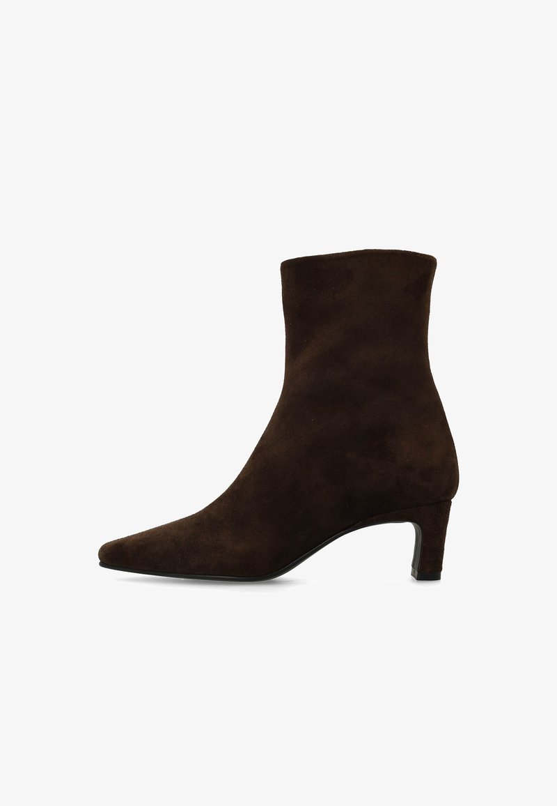 Dark brown suede ankle boot with a pointed toe and a low, slim heel, shown in a side profile on a white background.