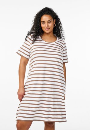 Striped t-shirt dress in white and light brown. Soft fabric, short sleeves, round neckline, and a relaxed fit, falling just above the knee.
