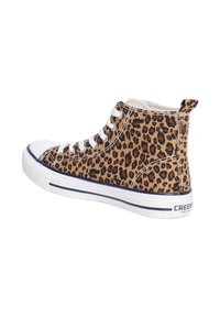 Leopard print high-top sneakers with white laces, a white rubber toe cap, and navy blue stripe on the sole. Brand name on the heel.