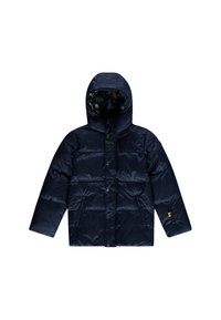 Doudoune bleu marine avec capuche, présentant une texture brillante, des boutons pression, deux poches latérales et une doublure camouflage.