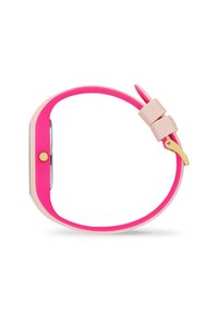Orologio digitale con un cinturino in silicone rosa e rosa chiaro, caratterizzato da un quadrante rettangolare, dettagli in oro e una finitura liscia.