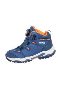 Blauer Wanderschuh mit orangefarbenen Akzenten, hergestellt aus Textil- und synthetischen Materialien. Verfügt über ein Boa-Schnürsystem und eine robuste Außensohle für besseren Halt.
