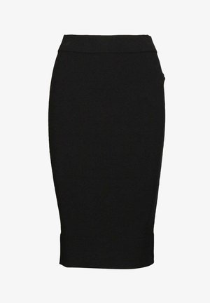 Schwarzer Bleistiftrock aus dehnbarem Stoff, mit taillierter Passform, hoher Taille und geripptem Saum für zusätzliche Textur.