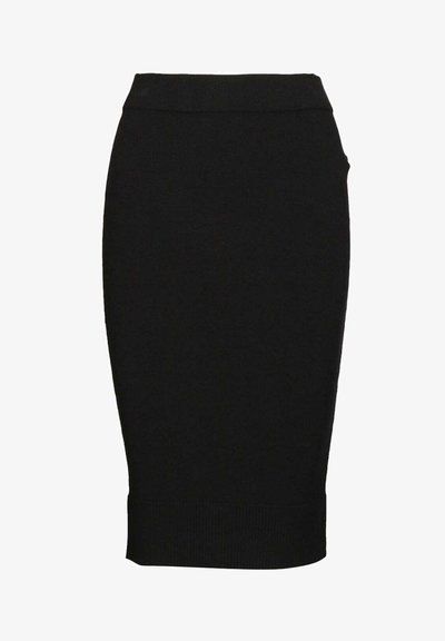 Zwarte kokerrok van rekbare stof, met een getailleerd ontwerp, hoge taille en ribbelrand voor extra textuur.