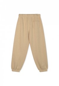 Beige gestreepte joggingbroek met een elastische tailleband en een achterzak, gemaakt van een zacht, gewatteerd stof met taps toelopende boorden.