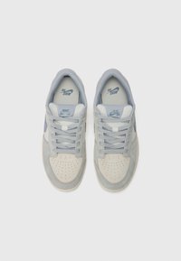 Nike sportbačiai su šviesiai pilku zomšiniu ir tinkleliu viršumi, perforuota nosimi, balta tarpikliu ir mėlynu prekių ženklu ant liežuvio ir šono.