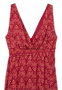 Rød kjole med dyb V-udskæring, smocked talje og detaljeret kremfarvet blomstermønster. Letvægtsstof med en blød tekstur.