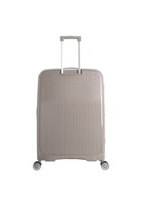 Hard-shell suitcase in beige with vertical lines and dot patterns. Features extendable handle and four rotating wheels for easy maneuverability.