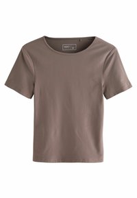 T-shirt marron à manches courtes avec un col rond, texture lisse et un design minimaliste. Comprend une étiquette de marque à l'intérieur.