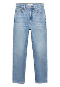 Jean bleu clair taille haute à coupe droite, cinq poches, fermeture par bouton et détails subtilement délavés le long des cuisses.
