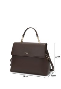 Brown leather handbag with a structured design, magnetic flap closure, top handle, and detachable shoulder strap. Dimensions: 29cm x 23cm x 13cm.