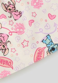 Bawełniana tkanina z pastelowym wzorem przedstawiającym postacie z kreskówek, serca, gwiazdy i dymki w odcieniach różu, niebieskiego i fioletowego.