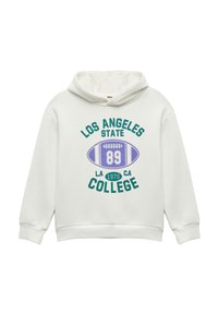 Vit hoodie med en framsida med grafik som visar "LOS ANGELES STATE COLLEGE," en lila fotbollsdesign och gröna detaljer. Mjuk material och kenguruficka.