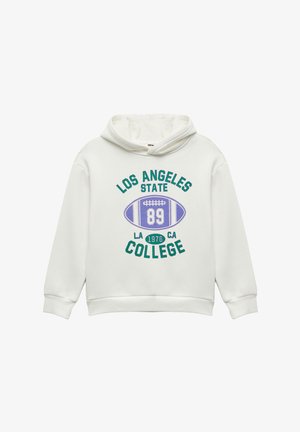 Sudadera blanca con un gráfico frontal que presenta "LOS ANGELES STATE COLLEGE", un diseño de fútbol en púrpura y acentos en verde. Material suave y bolsillo tipo canguro.