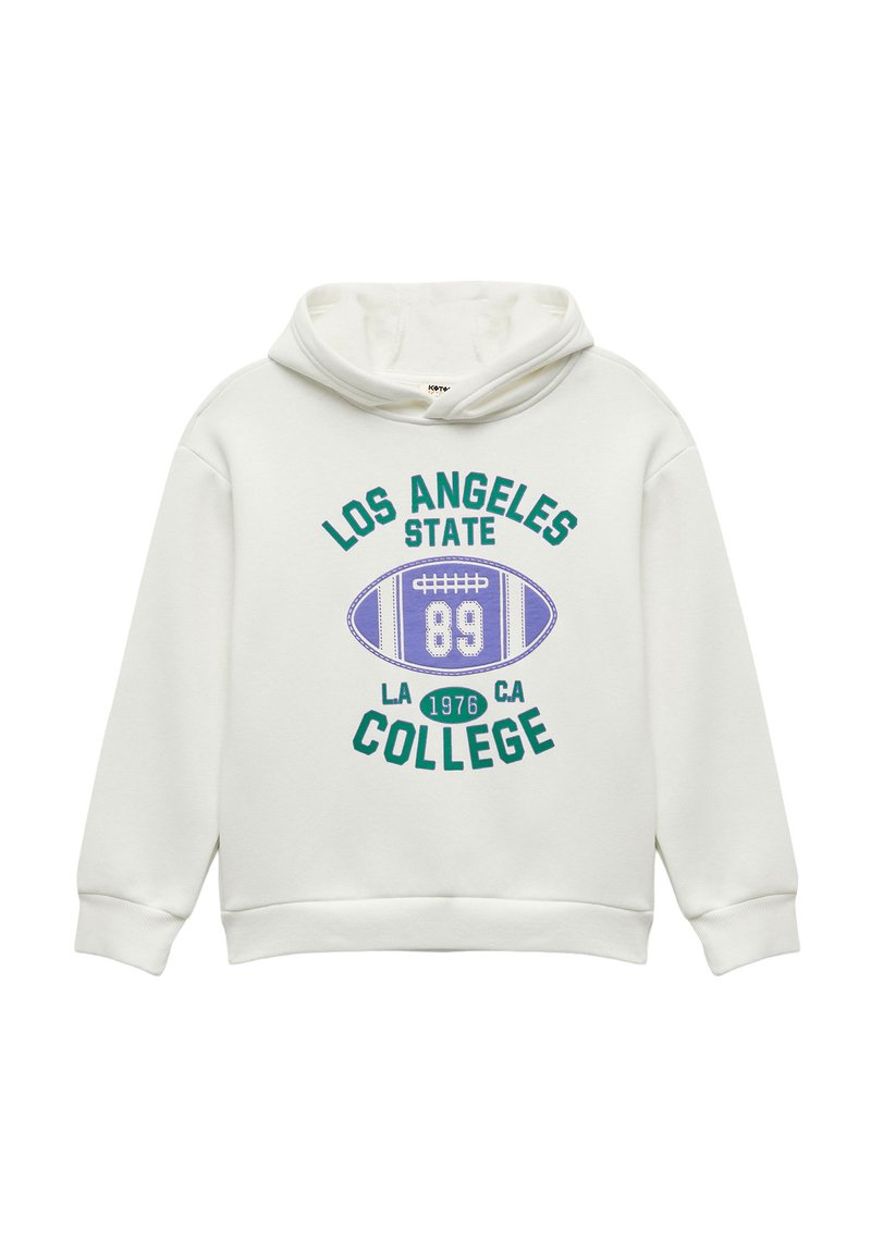 Vit hoodie med en framsida med grafik som visar "LOS ANGELES STATE COLLEGE," en lila fotbollsdesign och gröna detaljer. Mjuk material och kenguruficka.