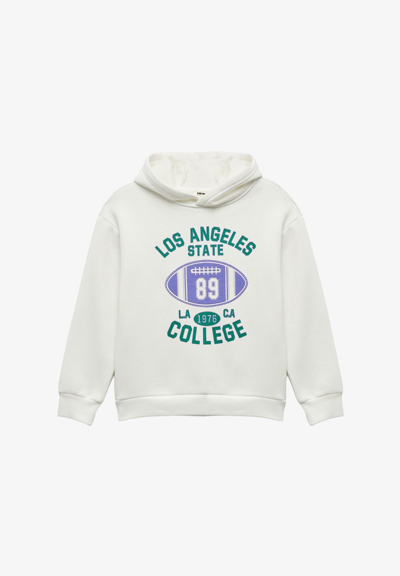 Felpa bianca con grafica frontale che presenta "LOS ANGELES STATE COLLEGE", design di football viola e dettagli verdi. Materiale morbido e tasca a marsupio.