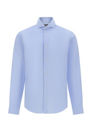 Camisa de botones azul claro con un patrón de cuadros fino, de mangas largas y con cuello clásico. Fabricada con una tela suave y un acabado texturizado.