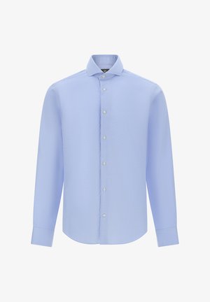 Světle modrá košile na knoflíky s jemným kostkovaným vzorem, dlouhými rukávy a klasickým límcem. Vyrobena z hladkého materiálu s texturovaným povrchem.