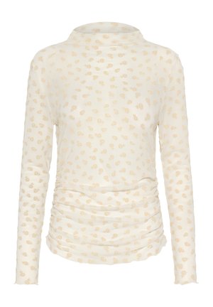 Krémový top s dlhým rukávom, jemným béžovým kvetinovým vzorom a nazbieranými bokmi, s vysokým, preloženým golierom.