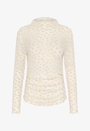 Krémový top s dlhým rukávom, jemným béžovým kvetinovým vzorom a nazbieranými bokmi, s vysokým, preloženým golierom.