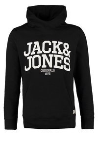 Sweat à capuche noir avec col montant haut, inscription blanche "JACK & JONES ORIGINALS 1975" sur le devant, et poche kangourou.