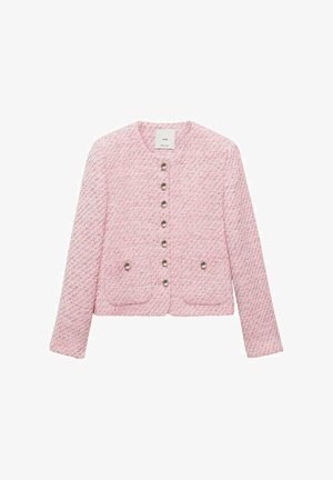 Rosa Tweed-Jacke mit rundem Ausschnitt, sechs metallischen Knöpfen auf der Vorderseite und zwei vorderen Taschen. Lange Ärmel, strukturiertes Gewebe.