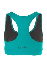 Sostén deportivo en turquoise con un diseño de espalda nadadora, que presenta acentos negros y costuras visibles. Incluye la marca "Winshape" en la parte inferior.