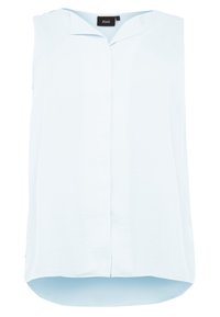 Blusa senza maniche azzurro chiaro con colletto a punte, chiusura frontale con bottoni e orlo curvo. Tessuto morbido con una superficie liscia.