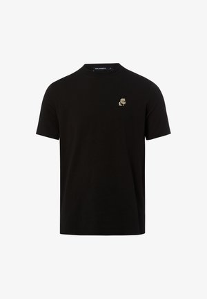 Schwarzes T-Shirt mit kurzen Ärmeln und Rundhalsausschnitt, mit kleinem beigem Karl Lagerfeld-Logo auf der linken Brust.