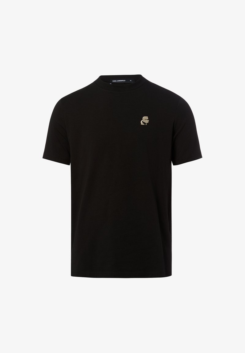 T-shirt noir à manches courtes et col rond avec un petit logo Karl Lagerfeld beige sur le côté gauche de la poitrine.
