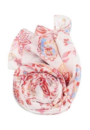 Hele valguse ja õhulise sall, millel on valgel taustal punased, sinised ja oranžid lille- ja paisleimustrid, rullitud rulli.