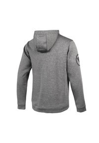 Grauer Kapuzenpullover aus weichem Stoff. Hat einen abgerundeten Saum und ist mit einem Emblem am linken Ärmel gestaltet.