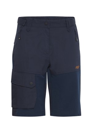 Navy blue cargo shorts made of lightweight fabric, featuring multiple pockets, a zippered side pocket, and a button closure.