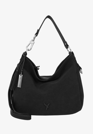 Black hobo bag with a perforated texture, flat design, and single shoulder strap. Features silver hardware and a tassel accent.