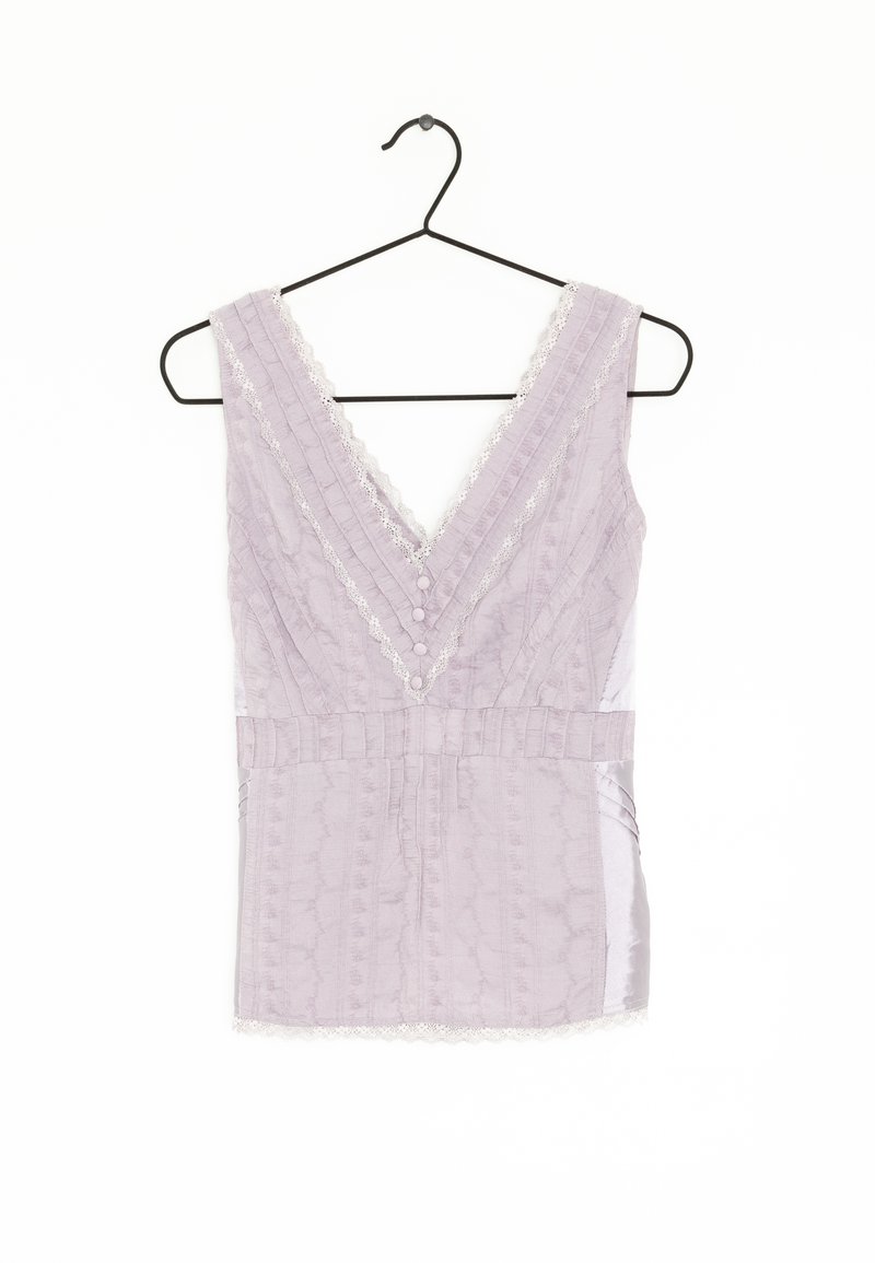 Lavender tank top with a deep V-neck, textured fabric, lace trim, front button details, and a fitted waist. Hangs from a black hook.