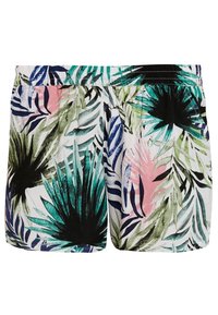 Shorts à taille élastique avec un motif tropical de feuilles de palmier vertes, noires, bleues et roses sur fond blanc.