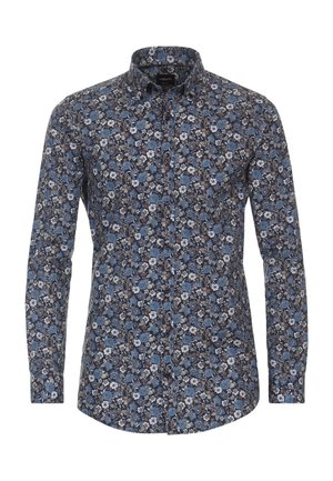 Langärmliges Hemd mit Knöpfen, blau-weiß-braunem Blumenmuster und klassischem Kragen.