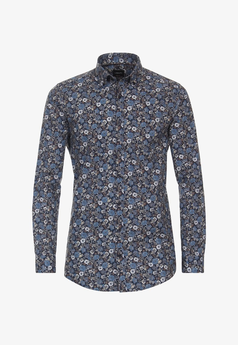 Chemise à manches longues boutonnée avec un motif floral bleu, blanc et marron et un col classique.