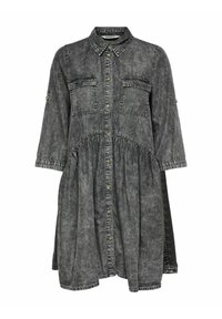 Farkkumekko haalistuneen mustana, jossa on kauluksellinen pääntie, napit edessä ja kaksi rintataskua; vyötäröllä laskosyksityiskohtia ja kolme neljänneksen hihaa.